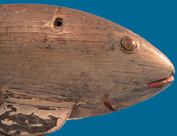 head detail, unknown maker fish decoy from Chautauqua Lake, pre-1905